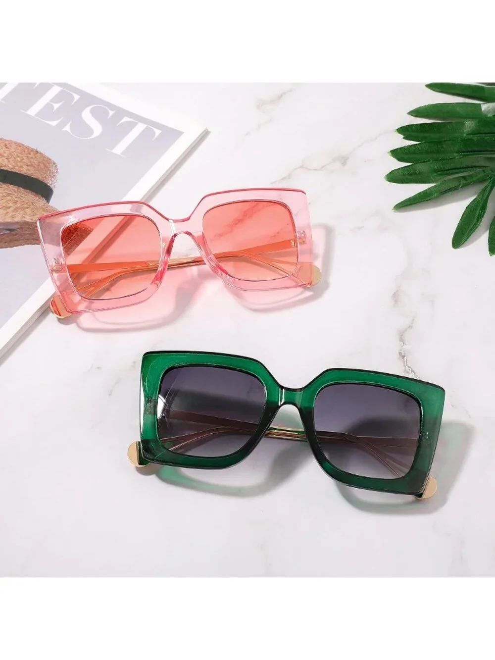 Women's Trendy Square Shades Pearl Inlay Cat Eye UV400 Protection Clear Pink